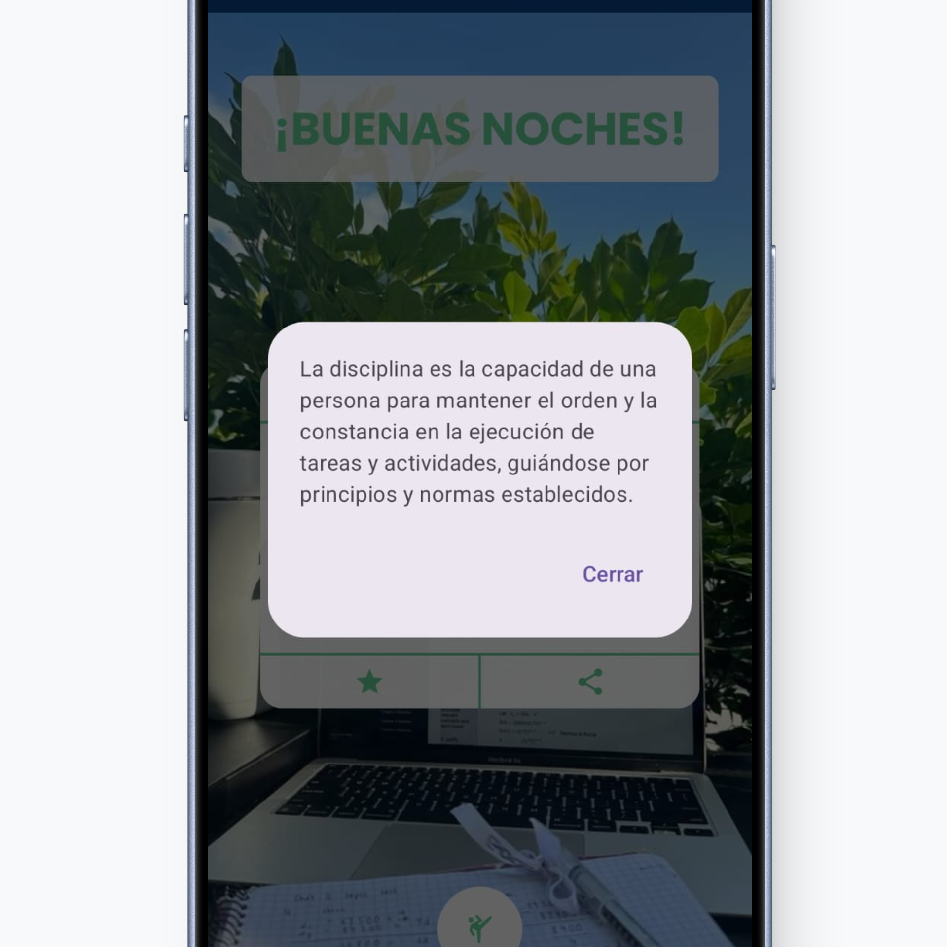 Captura de pantalla de la pantalla principal de la aplicación motivacional fraseo mostrando la pantalla de incio de la aplicacion con una descripción de lo que significa la palabra sabiduria.