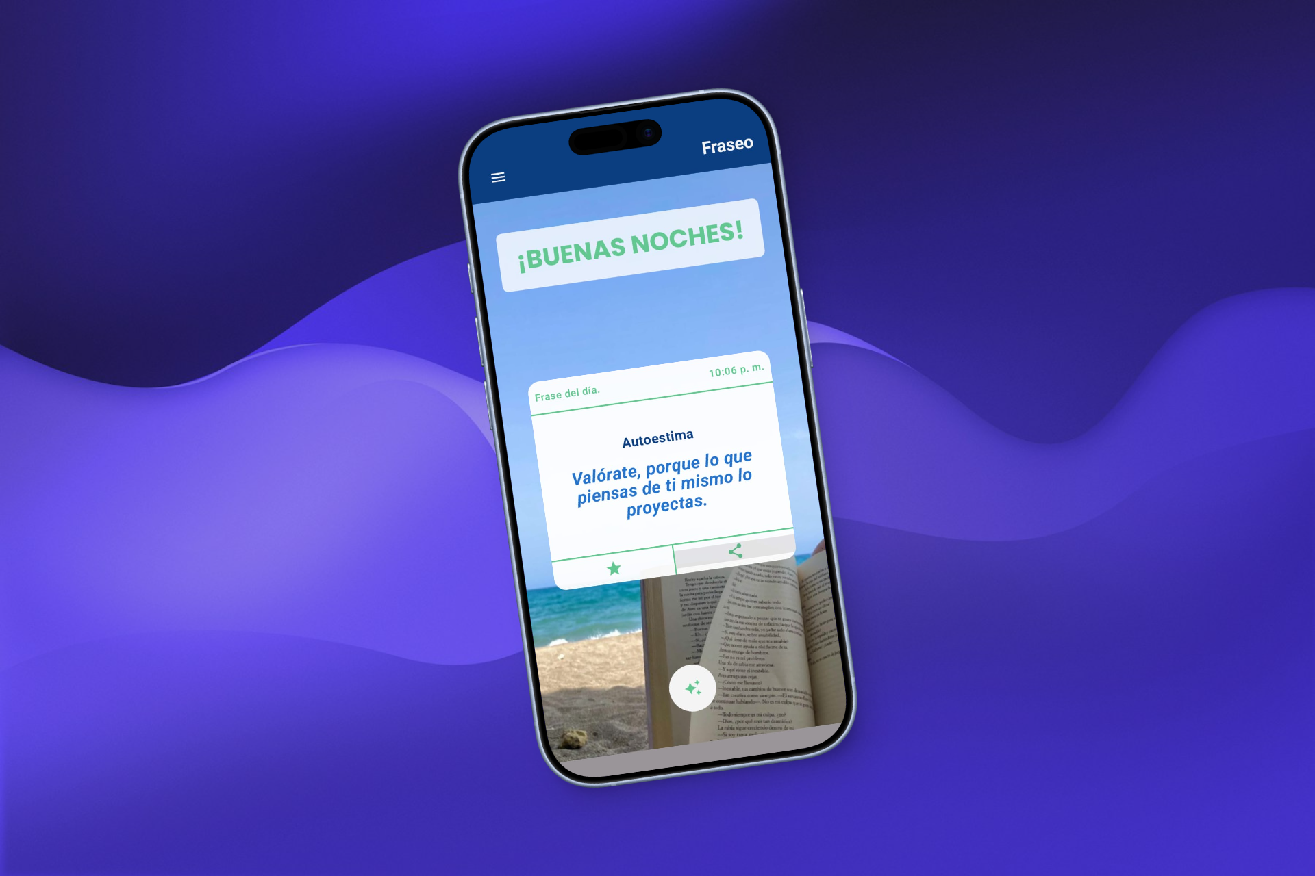Captura de pantalla de la pantalla principal de la aplicación motivacional fraseo con una frase de la categoria de autoestima.