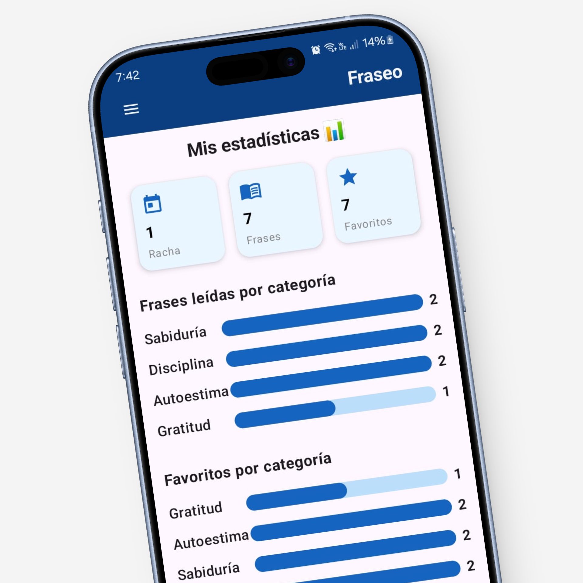 Captura de pantalla de la pantalla principal de la aplicación motivacional fraseo mostrando el menu de opciones disponibles con el incio y frases favoritas.